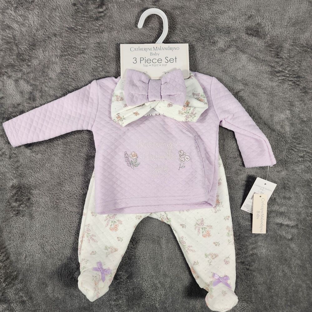 NWT Catherine Malandrino Baby 0-3 Month Purple Quilted Floral Top Pants Bow